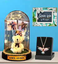 Premium Set - Kişiye Özel Led Işıklı Fanus ve Renkli Zümrüdü Anka Kuşu Kolyesi (Model 1)