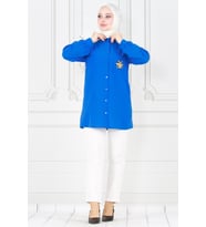 Cebi Arı Detaylı Keten Tunik-Mavi