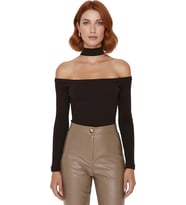 Stil Kadın Carmen Yaka Choker Detaylı Fitted Vücuda Oturan Fitilli Bluz Crop Örme Slim Kalıp