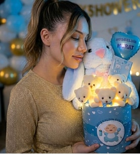 Kişiye Özel İsimli Balonlu Peluş Tavşanlı Led Işıklı 5'li Ayıcık Buketi – Baby Shower & Yeni Doğan Erkek Bebek Hediyesi Eşe Hediye (Mavi)