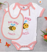 BK Kids Kişiye Özel Bee Kind Tasarımlı Pembe Bebek Body Zıbın ve Mama Önlüğü Hediye Seti
