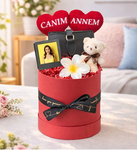 Kişiye Özel Canım Annem Tasarımlı,Fotoğraflı,Cüzdan,Toka Ve Ayıcık Anahtarlık,Kutu Seti (Kırmızı)