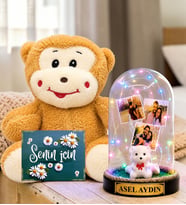 Kişiye Özel 3 Fotoğraflı Renkli LED Işıklı Fanus(beyaz ayıcıklı) ve Peluş Maymun Sevgiliye Hediye Kadına Hediye