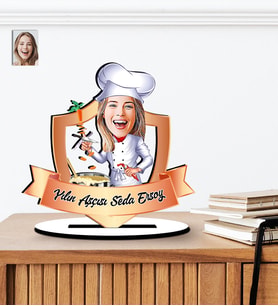 Kişiye Özel Yılın Aşçısı Karikatürlü Ahşap Biblo (Çok Renkli)