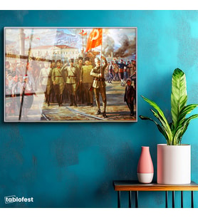 Gümüş Renk Metal Çerçeveli Tamperli Cam Tablo Atatürk İzmir Girişi Atatürk Tablosu Duvar Dekoru