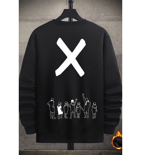 Unisex Design X Baskılı Bisiklet Yaka Sweatshirt (Siyah)
