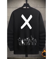Unisex Design X Baskılı Bisiklet Yaka Sweatshirt (Siyah)