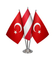 Masa Üstü Avusturya Bayrağı Türk Bayrağı Üçlü Krom Direk Masa Bayrak Seti