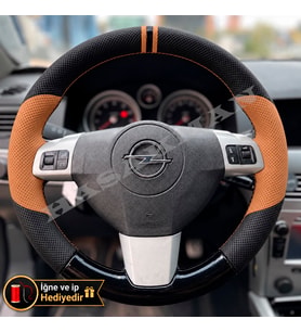 Opel Astra H Dikme Direksiyon Kılıfı Delikli Deri Parlak Siyah Taba Detay Çift Yüzük ve Dikiş 2004-2014
