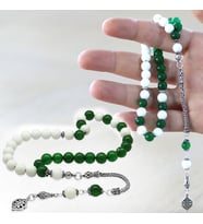 925 Ayar Gümüş Püsküllü Küre Kesim Yeşil Beyaz Jade Doğaltaş Taraftar Tesbih