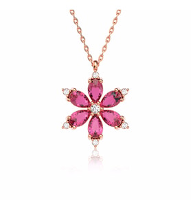 Fuşya Taşlı Lotus Çiçeği Rose Gümüş Kolye