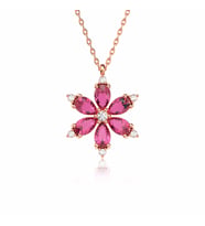 Fuşya Taşlı Lotus Çiçeği Rose Gümüş Kolye