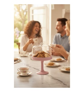 Soft Pembe Akrilik Ayaklı Kurabiyelik & Kapaklı Sunum Standı - 2 Parça