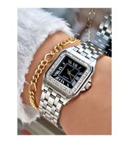 Premium Lüks Özel Tasarım Taşlı Kare Metal Kordon Kadın Kol Saati-Bileklik Hediyeli (Beyaz-Siyah)