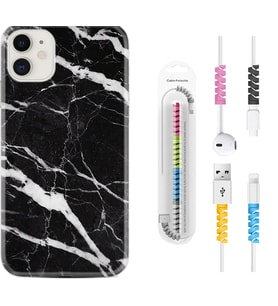Apple iPhone 11 12 13 Mini Kılıf Kablo Koruma Spiral Silikon Siyah Şerit Mermer 1318