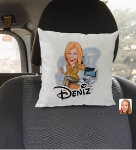 BK Gift Kişiye Özel İsimli Kadın Muhasebeci Karikatürlü Kare Araç Koltuk Yastığı-1