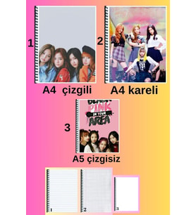 blackpink 3 adet defter seti A4 büyük boy 72 sayfa çizgili_kareli + A5 çizgisiz defter seti