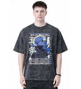 Tasarım Gojo Satoru Jujutsu Kaisen Anime Baskılı Unisex Oversize Eskitme Yıkamalı Tişört