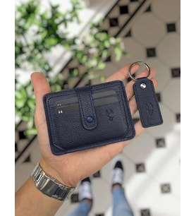 VİSSO 653 Hakiki Deri Çıtçıtlı Kimlik ve Kağıt Para Bölmeli Kişiye İsme Özel Erkek Kadın Mini Kibar Sade İnce Siyah Renk Kartlık Cüzdan Portföy Çanta LACİVERT GUTTY + ANAHTARLIK