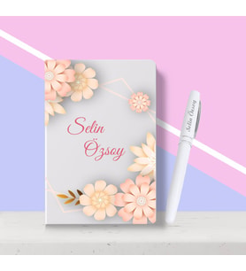 BK Gift Kişiye Özel Çiçek Desenli Beyaz Defter Kalem Seti-9