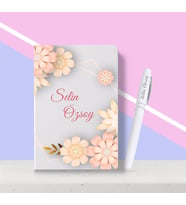 BK Gift Kişiye Özel Çiçek Desenli Beyaz Defter Kalem Seti-9