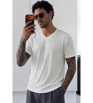 Erkek Flamlı Pamuklu V Yaka Basic Slim Fit Tişört Yazlık Günlük Şık Tişört