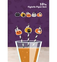 Halloween Cadılar Bayramı Kedi Temalı 10'lu Figürlü Pipet Seti