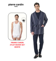Pierre Cardin Premium Erkek 3'lü %100 Pamuklu Uzun Kollu Pijama Takım Çizgili Robdöşambırlı Damat Çeyiz Seti Atlet Boxer Hediyeli