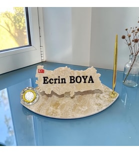 Sümen Ofis için Doğal Onix Mermer İsimlik Gold Tasarımlı Kalem ve Saat