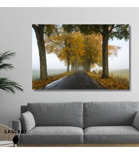 Tekli Yatay Kanvas Duvar Tablosu Sonbahar ve Sisli Yol