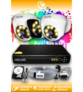 ELITCAM 3 Kameralı Kare 2 İç Kamera Set 500 GB HDD Full HD Renkli Gece Görüşlü Güvenlik Kamerası Sistemi