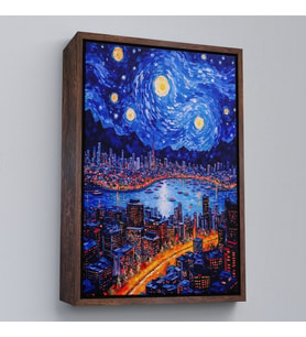 Çerçeveli Vincent van Gogh Tarzı New York Manzara Tablosu (Altın)