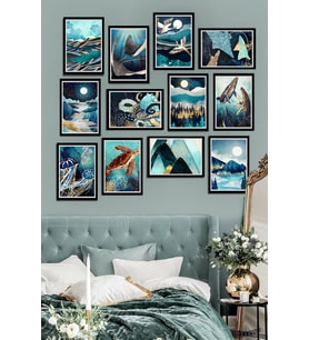12 Parça Çerçeve Görünümlü Mavi Cennet Mdf Tablo Seti (80x80 Cm)
