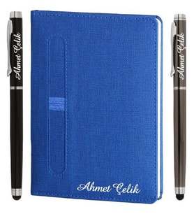 İsme Özel Defter Lacivert + İsme Özel Metal Roller Kalem  15x21, 224sf. Çizgili 70gr. Termo Deri  İsme Özel Defter  MT-424