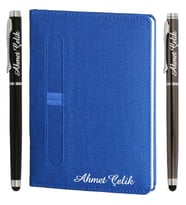 İsme Özel Defter Lacivert + İsme Özel Metal Roller Kalem  15x21, 224sf. Çizgili 70gr. Termo Deri  İsme Özel Defter  MT-424