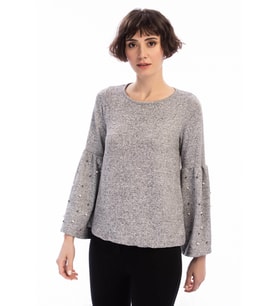 8490985 Yumoş Kolu Geniş Volanlı İncili Bluz GRI (Gri)