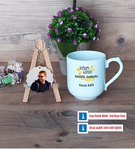Doğum Günü Hediyesi Kupa Bardak Beyaz ve Fotoğraflı Ahşap Anahtarlık Hediye (Model 5)