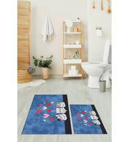 EVDEYA Baskılı Yıkanabilir Kalipli Kediler Desenli İkili Banyo Halısı Klozet Takımı, KLOZET-42-BEYAZ, (Mavi)