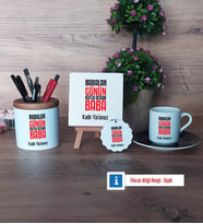 Babalar Günü Hediyesi Hediye Seti Dekoratif Taş, Kalemlik, Ahşap Altlıklı Türk Kahvesi Fincanı, Ahşap Anahtarlık Hediye Babaya Hediye (Model 7)