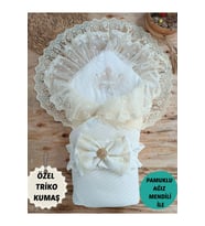 Triko Örg Haki Bebek Kundağı Unisex Bebek Dış Kundak Battaniyesi Hastane Çıkışı Kundak Battaniye (Ekru)