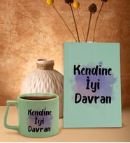 BK Gift Hayat Mottosu Tasarımlı Yeşil Sert Kapaklı Defter ve Middle Kupa Seti, Arkadaşa Hediye, Yeni İş Hediyesi, Doğum Günü Hediyesi (Model 4)