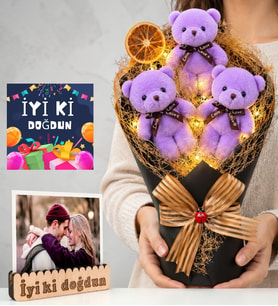 Doğum Günü Hediyesi Led Işıklı Fotoğraflı Mor Peluş Ayıcıklı Büyük Boy Ayıcık Buketi