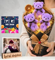 Doğum Günü Hediyesi Led Işıklı Fotoğraflı Mor Peluş Ayıcıklı Büyük Boy Ayıcık Buketi