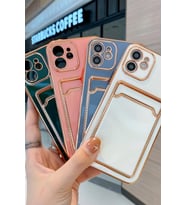 iPhone 11 Kılıf Kamera Korumalı Kartlıklı Altın Kenar Tasarım Silikon (Lila)