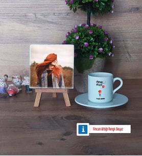 Ütopyalar Güzeldir Fotoğraflı Dekoratif Taş, Ahşap Altlıklı Türk Kahvesi Fincanı Hediye (Model 2)
