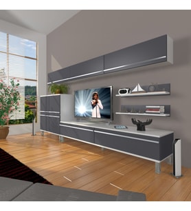 Decoraktiv Eko 8 Mdf Std Krom Ayaklı Tv Ünitesi Tv Sehpası (Beyaz - Antrasit)