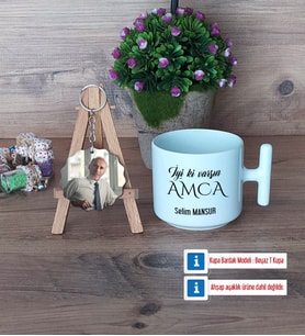 Amcaya Hediye Kupa Bardak Beyaz ve Fotoğraflı Ahşap Anahtarlık Hediye (Model 12)