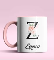 Kişiye Özel Z Harfi Temalı Gül Tasarım Siyah Renk Kupa (Pembe)