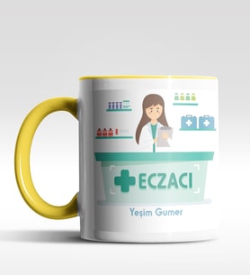 Kişiye Özel Eczacı Tasarımlı Siyah Kupa (Beyaz-Sarı)