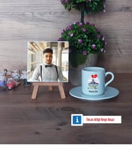 Askere Hediye Fotoğraflı Dekoratif Taş, Ahşap Altlıklı Türk Kahvesi Fincanı Hediye (Model 2)